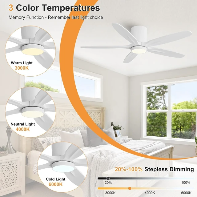 Alt view image 4 of 7 - WINGBO 54" Flush Mount Ceiling Fan with Light - 5 Carved Solid Wood Blades, 6-Speed Reversible DC Motor, Dimmable, 3CCT, Low Profile Ceiling Fans with Lights for Bedroom Living Room, White