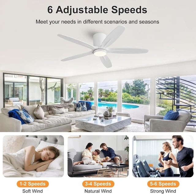 Alt view image 5 of 7 - WINGBO 54" Flush Mount Ceiling Fan with Light - 5 Carved Solid Wood Blades, 6-Speed Reversible DC Motor, Dimmable, 3CCT, Low Profile Ceiling Fans with Lights for Bedroom Living Room, White