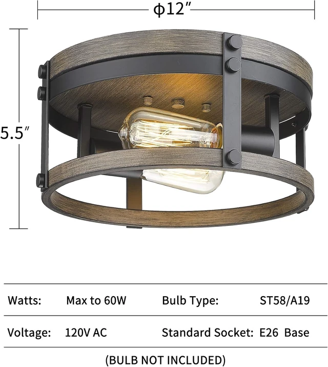 Alt view image 2 of 7 - 2-Light Farmhouse Flush Mount Ceiling Light, 12 inch Kitchen Ceiling Light, Round Rustic Light Fixtures with Black & Wood Grain Finish for Entryway Hallway, OS-3016BK