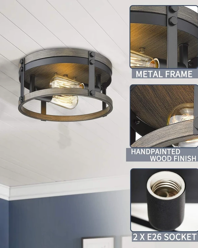 Alt view image 3 of 7 - 2-Light Farmhouse Flush Mount Ceiling Light, 12 inch Kitchen Ceiling Light, Round Rustic Light Fixtures with Black & Wood Grain Finish for Entryway Hallway, OS-3016BK