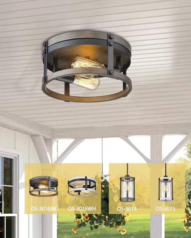 Alt view image 6 of 7 - 2-Light Farmhouse Flush Mount Ceiling Light, 12 inch Kitchen Ceiling Light, Round Rustic Light Fixtures with Black & Wood Grain Finish for Entryway Hallway, OS-3016BK
