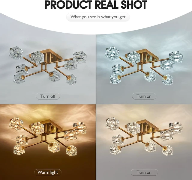 Alt view image 4 of 7 - Vintage Gold Semi Flush Mount Ceiling Light 8-Light Glass Sputnik Chandeliers Mid Century Modern Crystal Ceiling Light Fixture for Living Room Dining Room Bedroom Kitchen Foyer