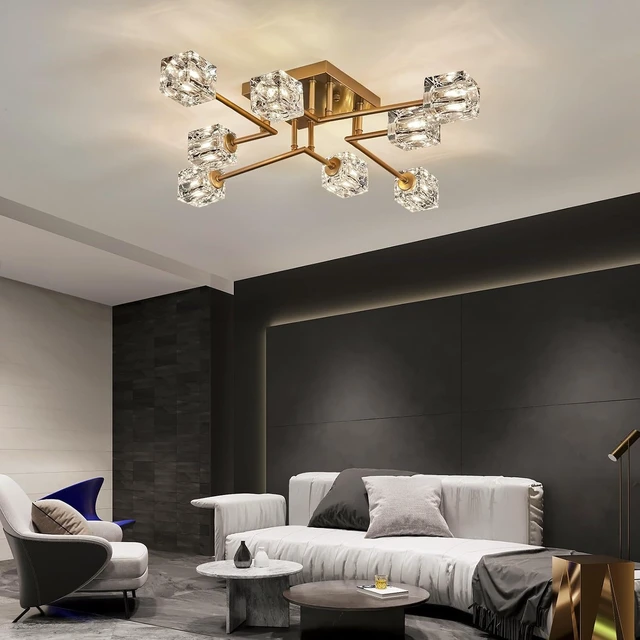 Alt view image 5 of 7 - Vintage Gold Semi Flush Mount Ceiling Light 8-Light Glass Sputnik Chandeliers Mid Century Modern Crystal Ceiling Light Fixture for Living Room Dining Room Bedroom Kitchen Foyer