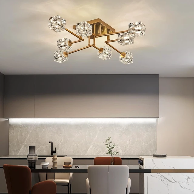 Alt view image 6 of 7 - Vintage Gold Semi Flush Mount Ceiling Light 8-Light Glass Sputnik Chandeliers Mid Century Modern Crystal Ceiling Light Fixture for Living Room Dining Room Bedroom Kitchen Foyer
