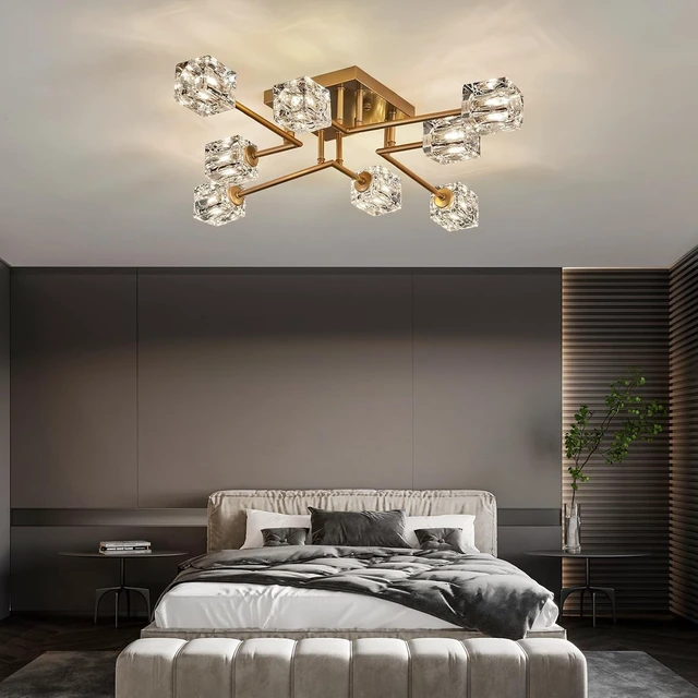 Alt view image 7 of 7 - Vintage Gold Semi Flush Mount Ceiling Light 8-Light Glass Sputnik Chandeliers Mid Century Modern Crystal Ceiling Light Fixture for Living Room Dining Room Bedroom Kitchen Foyer