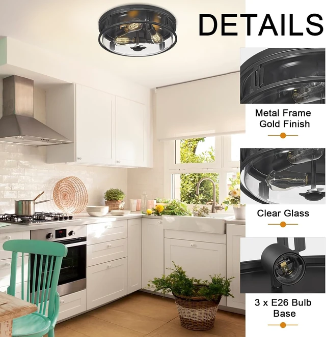 Alt view image 2 of 7 - 16 Inch Flush Mount Ceiling Light with Clear Glass Shade, 3-Light Indoor Outdoor Farmhouse Lighting Flush Mount Lights for Kitchen Bedroom Porch Living Dining Room(Large)