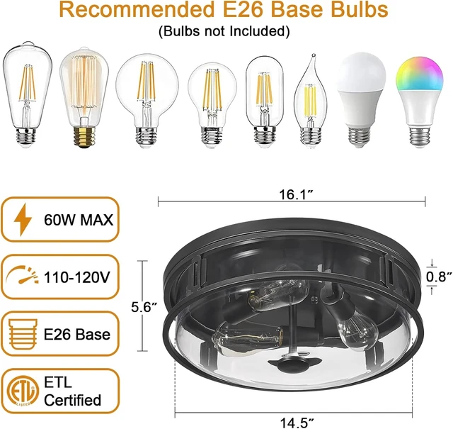 Alt view image 3 of 7 - 16 Inch Flush Mount Ceiling Light with Clear Glass Shade, 3-Light Indoor Outdoor Farmhouse Lighting Flush Mount Lights for Kitchen Bedroom Porch Living Dining Room(Large)
