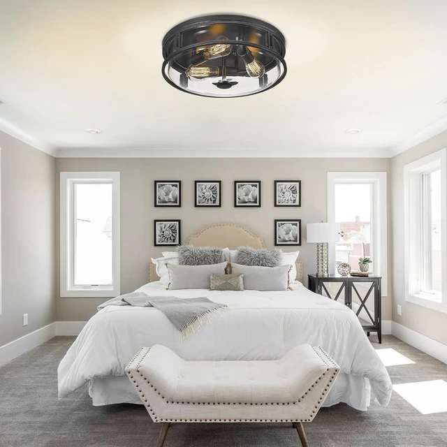 Alt view image 6 of 7 - 16 Inch Flush Mount Ceiling Light with Clear Glass Shade, 3-Light Indoor Outdoor Farmhouse Lighting Flush Mount Lights for Kitchen Bedroom Porch Living Dining Room(Large)