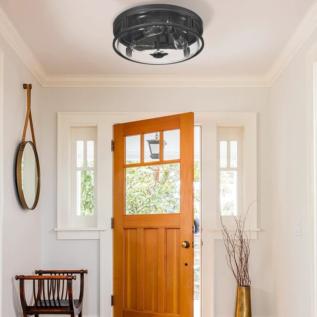 Alt view image 7 of 7 - 16 Inch Flush Mount Ceiling Light with Clear Glass Shade, 3-Light Indoor Outdoor Farmhouse Lighting Flush Mount Lights for Kitchen Bedroom Porch Living Dining Room(Large)