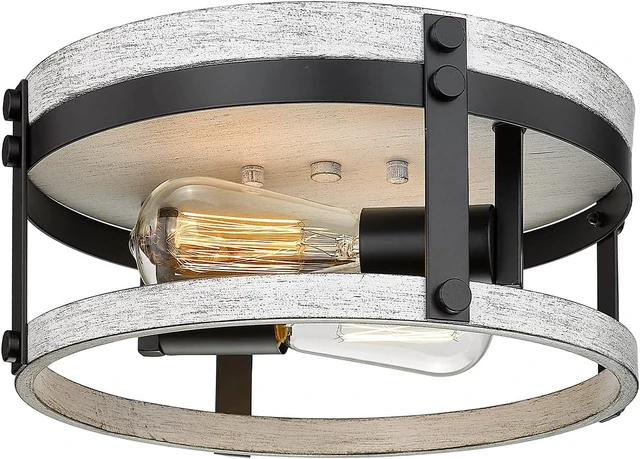 Main image of 2-Light Farmhouse Ceiling Light, 12 inch Oak White Kitchen Flush Mount Ceiling Light, Round Rustic Light Fixtures with Wood Finish for Hallway Entryway, OS-3016WH