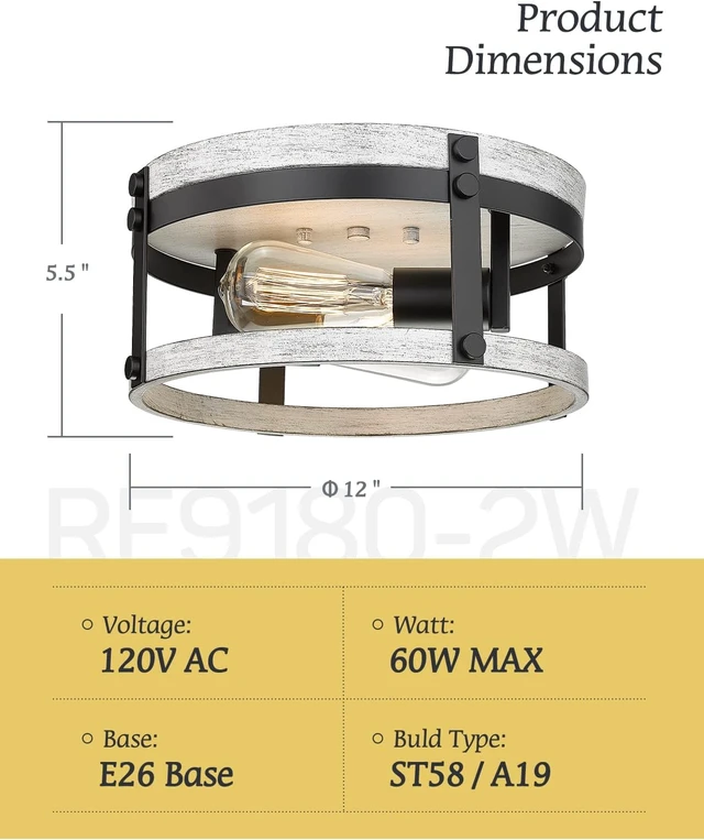 Alt view image 2 of 7 - 2-Light Farmhouse Ceiling Light, 12 inch Oak White Kitchen Flush Mount Ceiling Light, Round Rustic Light Fixtures with Wood Finish for Hallway Entryway, OS-3016WH