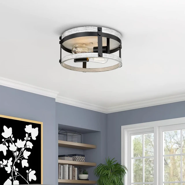 Alt view image 3 of 7 - 2-Light Farmhouse Ceiling Light, 12 inch Oak White Kitchen Flush Mount Ceiling Light, Round Rustic Light Fixtures with Wood Finish for Hallway Entryway, OS-3016WH