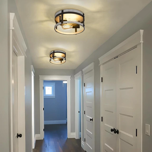 Alt view image 7 of 7 - 2-Light Farmhouse Ceiling Light, 12 inch Oak White Kitchen Flush Mount Ceiling Light, Round Rustic Light Fixtures with Wood Finish for Hallway Entryway, OS-3016WH