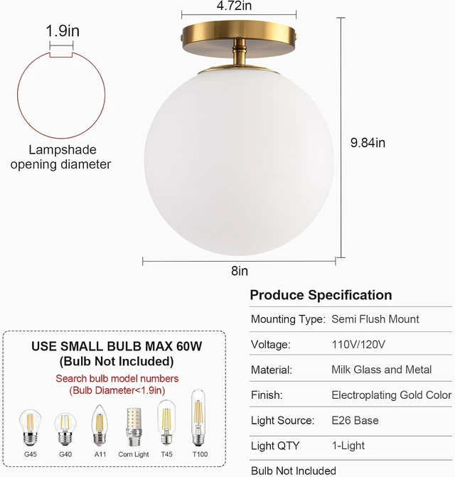 Alt view image 6 of 7 - Semi Flush Mount Ceiling Light Fixture with 8in Globe Milk Glass