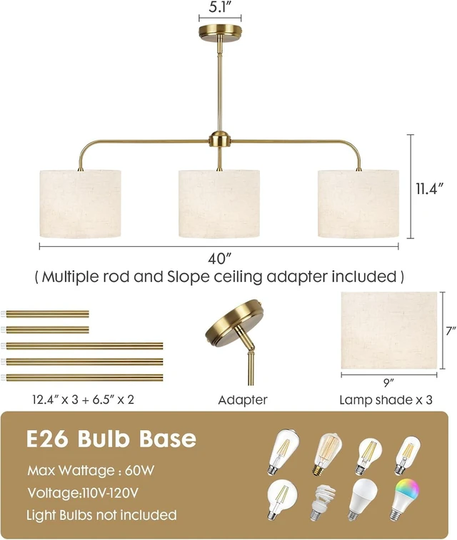 Alt view image 2 of 7 - 3 Light Gold Linear Chandelier with Linen Beige Drum Shades,Modern Pendant Light Fixture for Kitchen Island,Dining Room,Living Room,Mid-Century Ceiling Light Fixture,Adjustable Height Island Light
