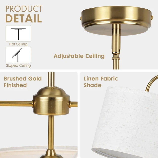 Alt view image 3 of 7 - 3 Light Gold Linear Chandelier with Linen Beige Drum Shades,Modern Pendant Light Fixture for Kitchen Island,Dining Room,Living Room,Mid-Century Ceiling Light Fixture,Adjustable Height Island Light