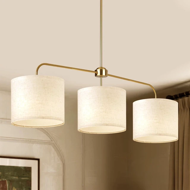 Main image of 3 Light Gold Linear Chandelier with Linen Beige Drum Shades,Modern Pendant Light Fixture for Kitchen Island,Dining Room,Living Room,Mid-Century Ceiling Light Fixture,Adjustable Height Island Light