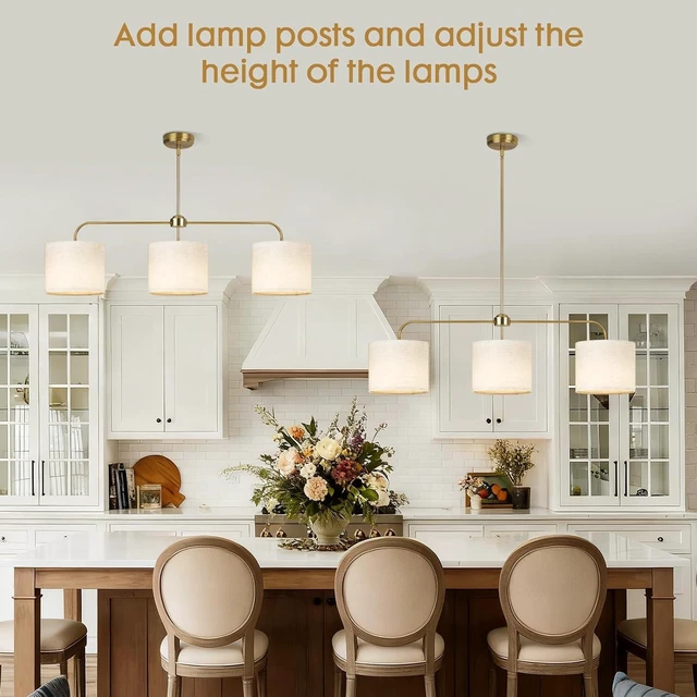 Alt view image 4 of 7 - 3 Light Gold Linear Chandelier with Linen Beige Drum Shades,Modern Pendant Light Fixture for Kitchen Island,Dining Room,Living Room,Mid-Century Ceiling Light Fixture,Adjustable Height Island Light