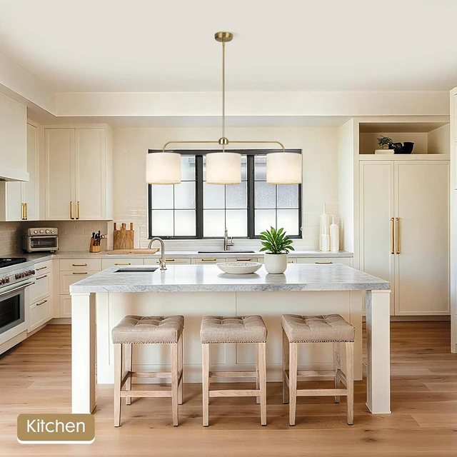 Alt view image 5 of 7 - 3 Light Gold Linear Chandelier with Linen Beige Drum Shades,Modern Pendant Light Fixture for Kitchen Island,Dining Room,Living Room,Mid-Century Ceiling Light Fixture,Adjustable Height Island Light