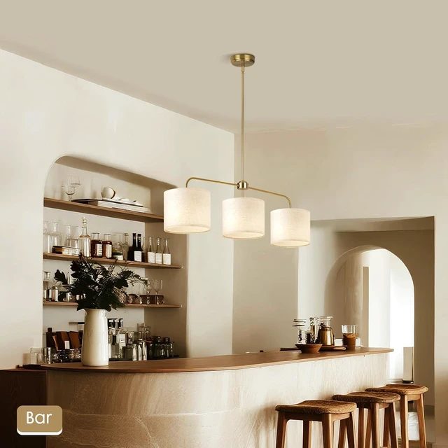 Alt view image 6 of 7 - 3 Light Gold Linear Chandelier with Linen Beige Drum Shades,Modern Pendant Light Fixture for Kitchen Island,Dining Room,Living Room,Mid-Century Ceiling Light Fixture,Adjustable Height Island Light
