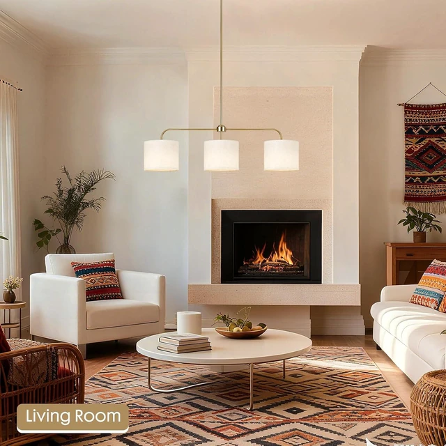 Alt view image 7 of 7 - 3 Light Gold Linear Chandelier with Linen Beige Drum Shades,Modern Pendant Light Fixture for Kitchen Island,Dining Room,Living Room,Mid-Century Ceiling Light Fixture,Adjustable Height Island Light