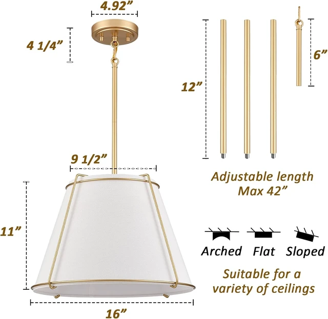 Alt view image 4 of 6 - 3-Light Gold Cone 16" Pendant Light Fabric Drum Shade with Metal