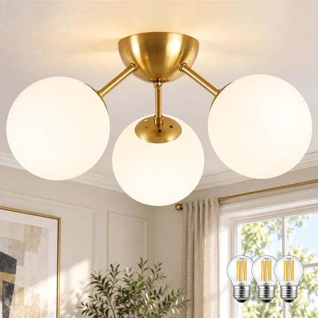 Main image of Bagood Mid-Century Modern Semi Flush Mount Ceiling Light 3 Lights Opal Glass Modern Globe Ceiling Light Gold Brass Sputnik Chandeliers for Hallway Entryway Kitchen Bedroom Laundry(Bulb Incl.)