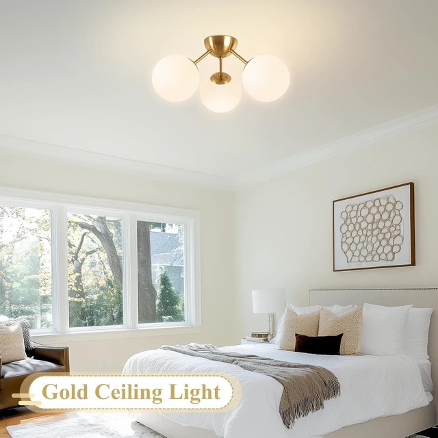 Alt view image 2 of 7 - Bagood Mid-Century Modern Semi Flush Mount Ceiling Light 3 Lights Opal Glass Modern Globe Ceiling Light Gold Brass Sputnik Chandeliers for Hallway Entryway Kitchen Bedroom Laundry(Bulb Incl.)