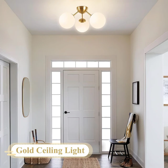 Alt view image 3 of 7 - Bagood Mid-Century Modern Semi Flush Mount Ceiling Light 3 Lights Opal Glass Modern Globe Ceiling Light Gold Brass Sputnik Chandeliers for Hallway Entryway Kitchen Bedroom Laundry(Bulb Incl.)
