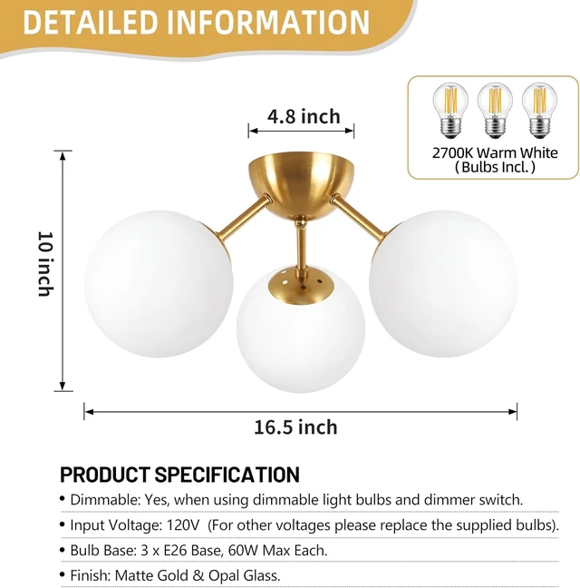 Alt view image 4 of 7 - Bagood Mid-Century Modern Semi Flush Mount Ceiling Light 3 Lights Opal Glass Modern Globe Ceiling Light Gold Brass Sputnik Chandeliers for Hallway Entryway Kitchen Bedroom Laundry(Bulb Incl.)