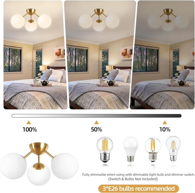 Alt view image 5 of 7 - Bagood Mid-Century Modern Semi Flush Mount Ceiling Light 3 Lights Opal Glass Modern Globe Ceiling Light Gold Brass Sputnik Chandeliers for Hallway Entryway Kitchen Bedroom Laundry(Bulb Incl.)