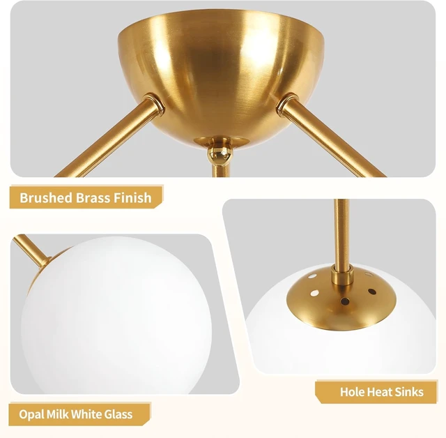 Alt view image 6 of 7 - Bagood Mid-Century Modern Semi Flush Mount Ceiling Light 3 Lights Opal Glass Modern Globe Ceiling Light Gold Brass Sputnik Chandeliers for Hallway Entryway Kitchen Bedroom Laundry(Bulb Incl.)
