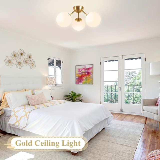Alt view image 7 of 7 - Bagood Mid-Century Modern Semi Flush Mount Ceiling Light 3 Lights Opal Glass Modern Globe Ceiling Light Gold Brass Sputnik Chandeliers for Hallway Entryway Kitchen Bedroom Laundry(Bulb Incl.)