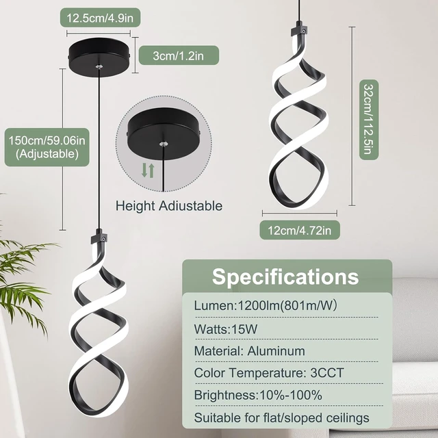 Alt view image 4 of 7 - EIDISUNY Modern Led Pendant Light Fixture, 15W Black Spiral Led Chandelier Hanging Lamp, 3000K-6000K, Dimmable Pendant Lamp, Adjustable Height Pendant Light for Kitchen Island Dining Room Bedroom Cafe