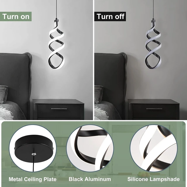 Alt view image 6 of 7 - EIDISUNY Modern Led Pendant Light Fixture, 15W Black Spiral Led Chandelier Hanging Lamp, 3000K-6000K, Dimmable Pendant Lamp, Adjustable Height Pendant Light for Kitchen Island Dining Room Bedroom Cafe