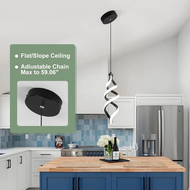 Alt view image 5 of 7 - EIDISUNY Modern Led Pendant Light Fixture, 15W Black Spiral Led Chandelier Hanging Lamp, 3000K-6000K, Dimmable Pendant Lamp, Adjustable Height Pendant Light for Kitchen Island Dining Room Bedroom Cafe