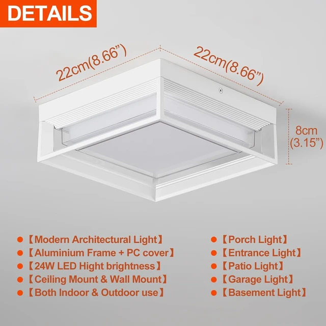 Alt view image 3 of 7 - 9" Low Profile White Square Flush Mount Outdoor LED Ceiling Light Fixture