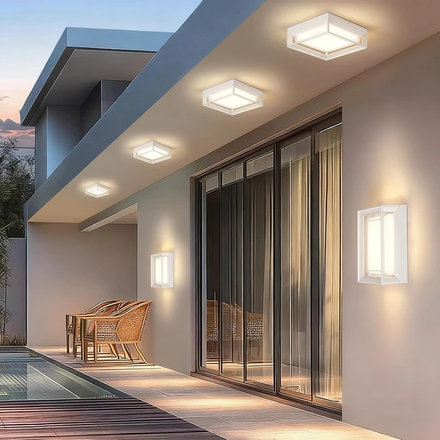 Alt view image 7 of 7 - 9" Low Profile White Square Flush Mount Outdoor LED Ceiling Light Fixture