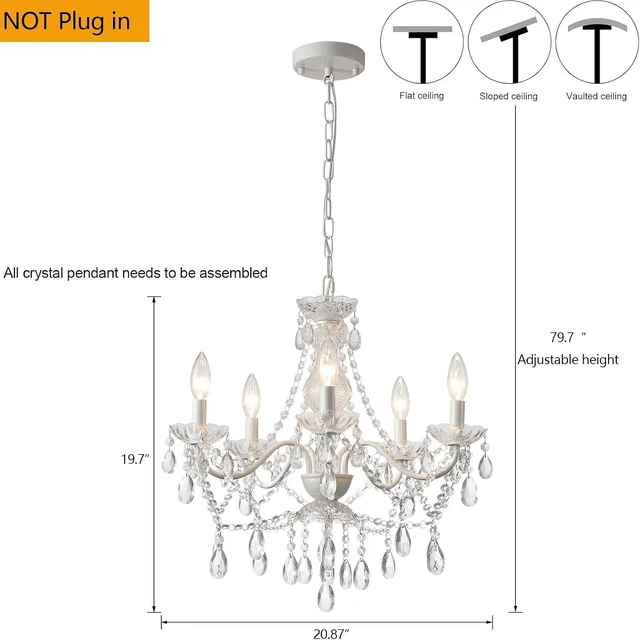 Alt view image 2 of 7 - AMZASA Crystal White Chandelier, Ceramic White Hanging Pendant Light,Crystals Pendant and Glass Dish,5 Light Crystal Chandeliers for Ceiling Medallions,Wedding,Dining,Kitchen, Foyer,Mini