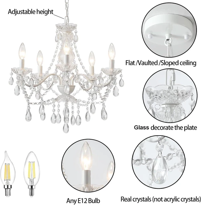 Alt view image 3 of 7 - AMZASA Crystal White Chandelier, Ceramic White Hanging Pendant Light,Crystals Pendant and Glass Dish,5 Light Crystal Chandeliers for Ceiling Medallions,Wedding,Dining,Kitchen, Foyer,Mini