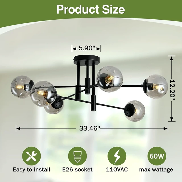 Alt view image 2 of 7 - 6-Lights Glass Globe Sputnik Chandelier Modern Flush Mount Ceiling Light Fixture Black Farmhouse Lighting for Dining Room Living Room Bedroom Kitchen Passageway.