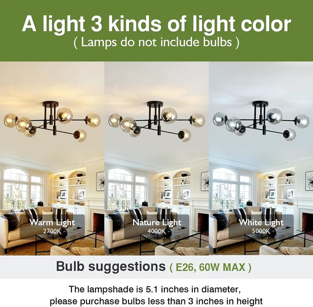 Alt view image 3 of 7 - 6-Lights Glass Globe Sputnik Chandelier Modern Flush Mount Ceiling Light Fixture Black Farmhouse Lighting for Dining Room Living Room Bedroom Kitchen Passageway.