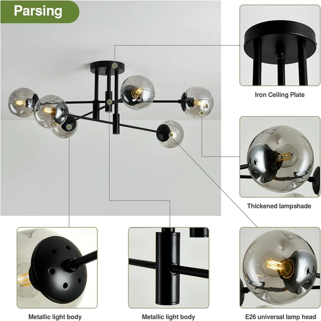 Alt view image 4 of 7 - 6-Lights Glass Globe Sputnik Chandelier Modern Flush Mount Ceiling Light Fixture Black Farmhouse Lighting for Dining Room Living Room Bedroom Kitchen Passageway.