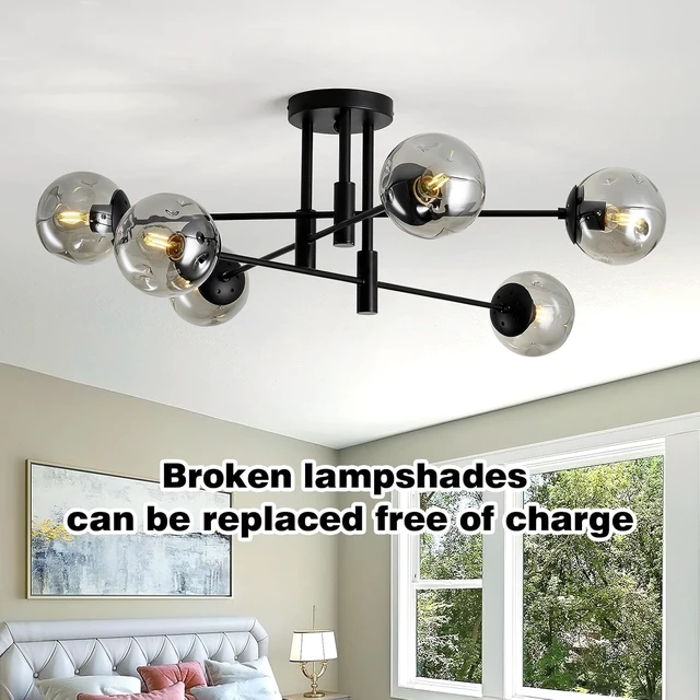 Alt view image 5 of 7 - 6-Lights Glass Globe Sputnik Chandelier Modern Flush Mount Ceiling Light Fixture Black Farmhouse Lighting for Dining Room Living Room Bedroom Kitchen Passageway.