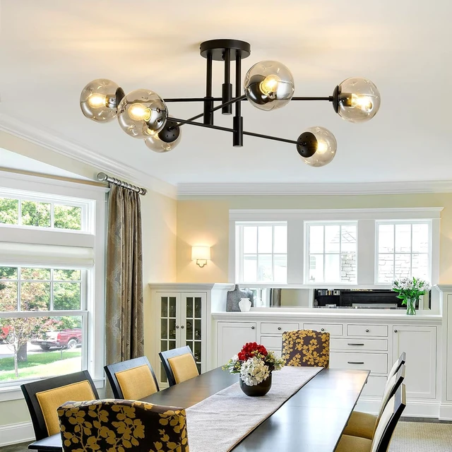 Alt view image 6 of 7 - 6-Lights Glass Globe Sputnik Chandelier Modern Flush Mount Ceiling Light Fixture Black Farmhouse Lighting for Dining Room Living Room Bedroom Kitchen Passageway.