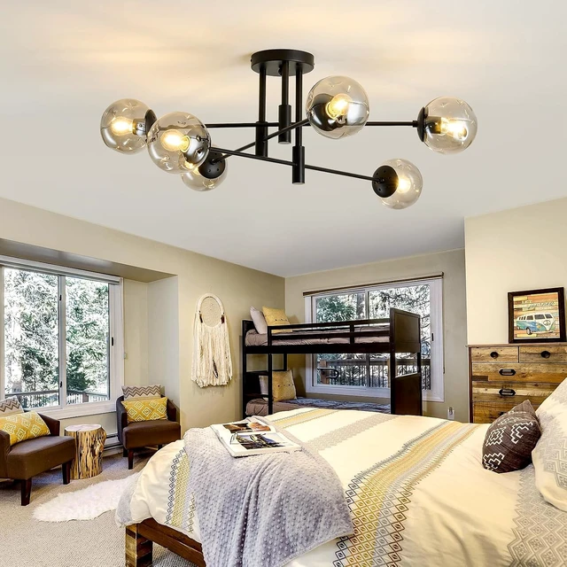 Alt view image 7 of 7 - 6-Lights Glass Globe Sputnik Chandelier Modern Flush Mount Ceiling Light Fixture Black Farmhouse Lighting for Dining Room Living Room Bedroom Kitchen Passageway.