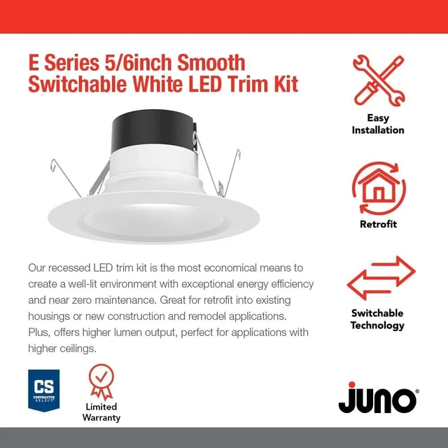 Alt view image 2 of 6 - Juno E Series 5"/6" LED Ceiling Light, Smooth Trim Recessed Lighting with 5-in-1 Switchable White Color, 1200 Lumens for High Ceilings, Wet Rated LED Downlight, Dimmable, White