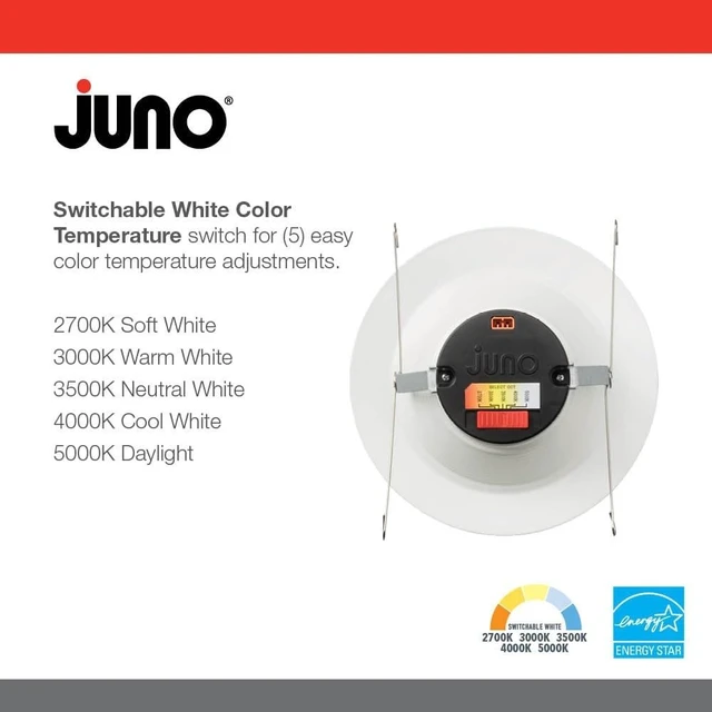 Alt view image 3 of 6 - Juno E Series 5"/6" LED Ceiling Light, Smooth Trim Recessed Lighting with 5-in-1 Switchable White Color, 1200 Lumens for High Ceilings, Wet Rated LED Downlight, Dimmable, White