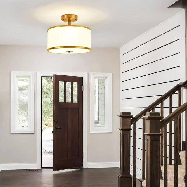 Alt view image 4 of 7 - Linen Drum Flush Mount Ceiling Light, Modern Fabric Shade