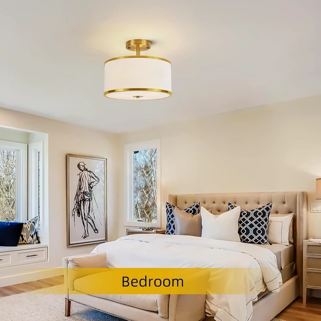 Alt view image 7 of 7 - Linen Drum Flush Mount Ceiling Light, Modern Fabric Shade